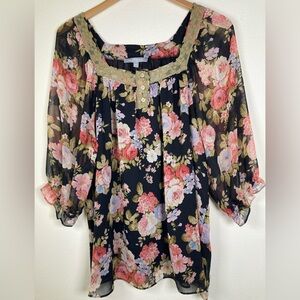 NY Collection Floral Boho Blouse XL Sheer Lace Trim Top
